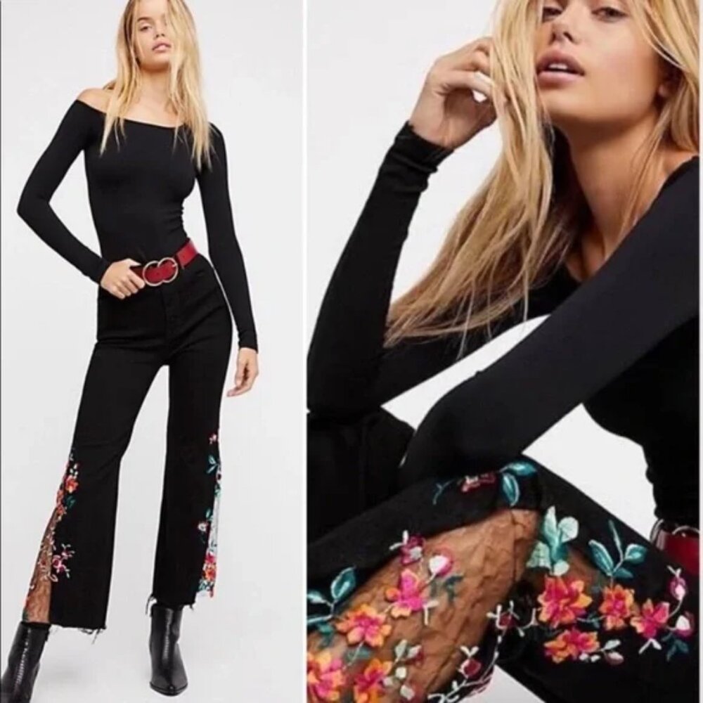 Free People Night Shade High Rise Embroidered Flare Black Jeans 25